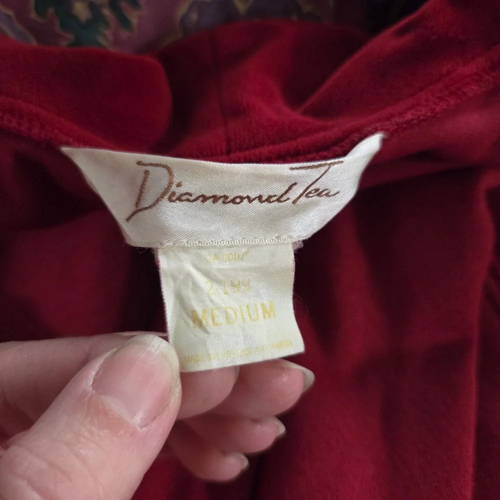 Vintage 80s Diamond Tea Red Velvet Robe Ruffle Collar‎ Long Dress Gown Robe